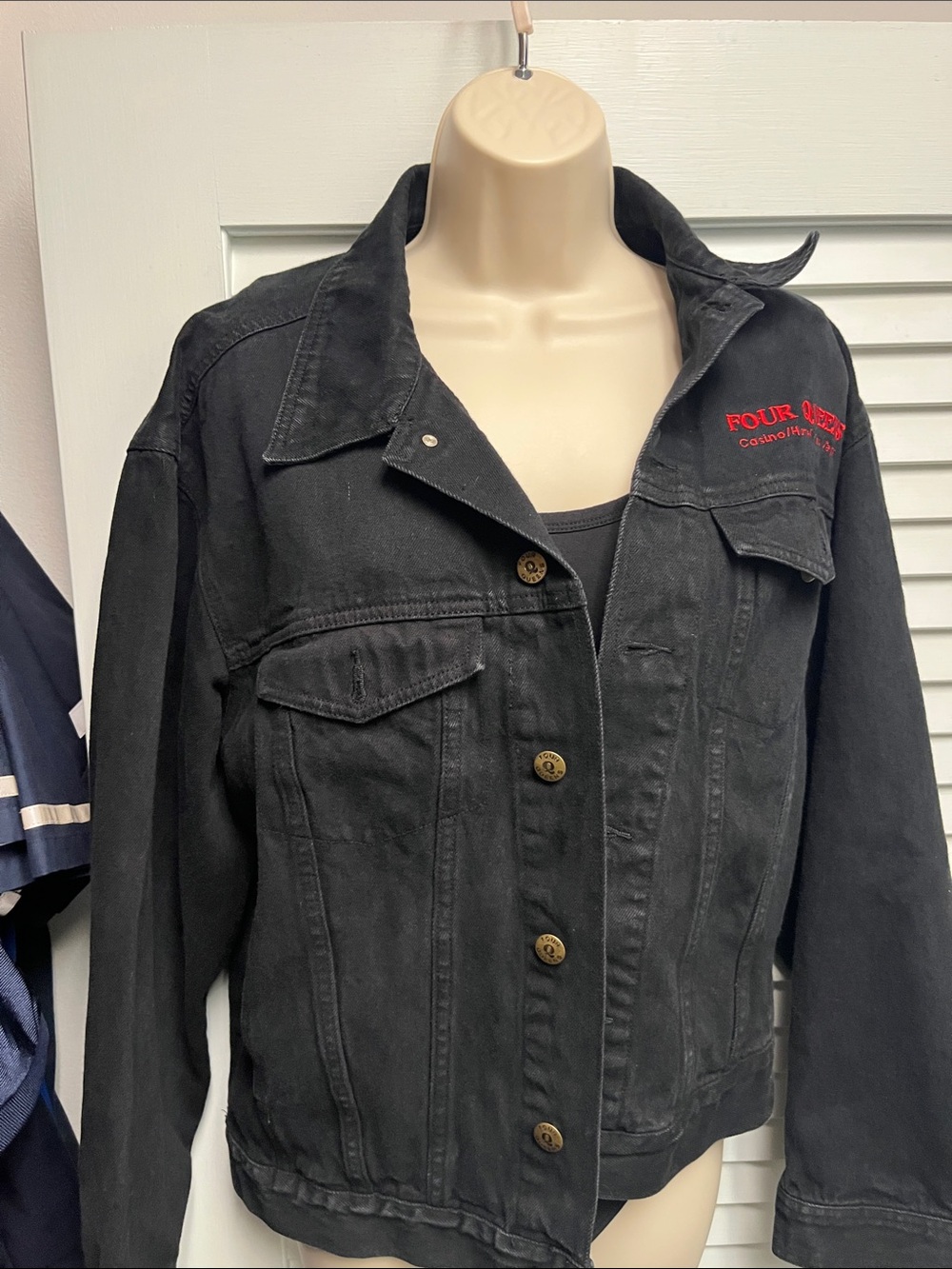 Vintage 90s Women's Black Denim Jacket from Las Vegas four queens casino.